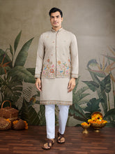 Dusty Beige Jodhpuri Designer Kurta Set With Multi Coloured Thread Embroidery Work Jacket